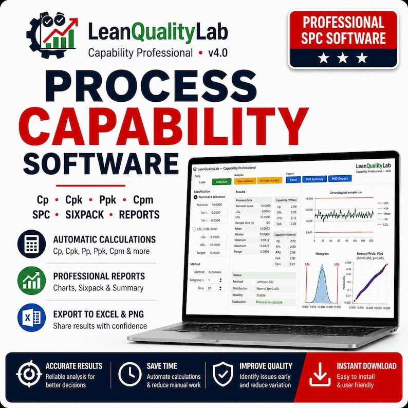 Pode incluir: Software de capacidade de processo LeanQualityLab Capability Professional v4.0 exibido em uma tela de laptop. A interface mostra dados de controle estat&iacute;stico de processo, incluindo Cp, Cpk, Ppk, Cpm, SPC, sixpack e relat&oacute;rios.