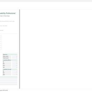 Pode incluir: Uma interface de software intitulada Capability Professional exibindo um guia de tr&ecirc;s etapas para realizar um estudo de capacidade. A tela inclui campos de entrada para informa&ccedil;&otilde;es de pe&ccedil;as, configura&ccedil;&otilde;es de especifica&ccedil;&atilde;o e campos de resultados vazios.