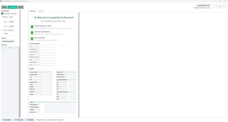 Pode incluir: Uma interface de software intitulada Capability Professional exibindo um guia de tr&ecirc;s etapas para realizar um estudo de capacidade. A tela inclui campos de entrada para informa&ccedil;&otilde;es de pe&ccedil;as, configura&ccedil;&otilde;es de especifica&ccedil;&atilde;o e campos de resultados vazios.