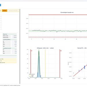 Pode incluir: Uma interface de software chamada LeanQualityLab exibindo dados de controle estat&iacute;stico de processo. A tela apresenta um gr&aacute;fico de execu&ccedil;&atilde;o cronol&oacute;gica, um histograma com ajuste normal e um gr&aacute;fico de probabilidade normal.