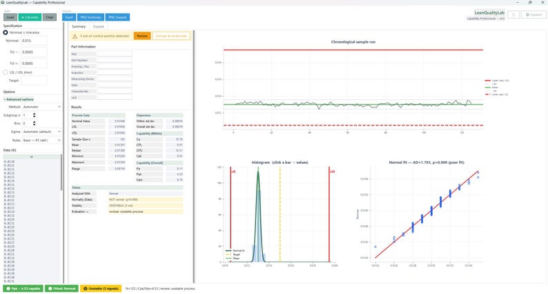 Pode incluir: Uma interface de software chamada LeanQualityLab exibindo dados de controle estat&iacute;stico de processo. A tela apresenta um gr&aacute;fico de execu&ccedil;&atilde;o cronol&oacute;gica, um histograma com ajuste normal e um gr&aacute;fico de probabilidade normal.