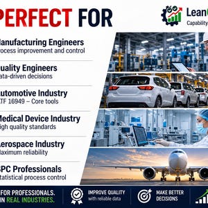 Pode incluir: Um gr&aacute;fico informativo para LeanQualityLab Capability Professional v4.0 apresentando uma lista de ind&uacute;strias e fun&ccedil;&otilde;es, incluindo manufatura, qualidade, automotiva, m&eacute;dica e aeroespacial, com &iacute;cones, texto e fotos de ambientes fabris.