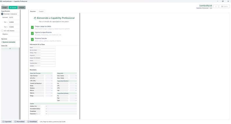 Pode incluir: Uma interface digital para o software Capability Professional com fundo branco e texto escuro. A tela exibe uma mensagem de boas-vindas, um guia de tr&ecirc;s etapas, campos de entrada de dados e uma se&ccedil;&atilde;o de resultados de capacidade.