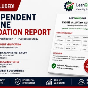 Pode incluir: Um documento branco intitulado Independent Engine Validation Report da LeanQualityLab, apresentando uma tabela de resumo de valida&ccedil;&atilde;o com tr&ecirc;s cen&aacute;rios, m&eacute;tricas de precis&atilde;o estat&iacute;stica e um selo vermelho de precis&atilde;o verificada.