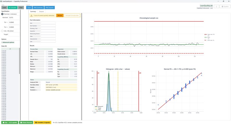 Pode incluir: Uma interface de software chamada LeanQualityLab exibindo dados de controle estat&iacute;stico de processo. A tela apresenta um gr&aacute;fico de linhas de execu&ccedil;&atilde;o cronol&oacute;gica de amostras, um histograma com curva de ajuste normal e um gr&aacute;fico de probabilidade.