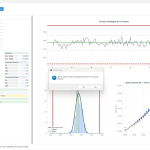 Pode incluir: Uma interface de software para LeanQualityLab exibindo dados de controle estat&iacute;stico de processo. A tela apresenta um gr&aacute;fico de linhas de s&eacute;ries temporais, um histograma com uma curva de distribui&ccedil;&atilde;o normal e um gr&aacute;fico de probabilidade.