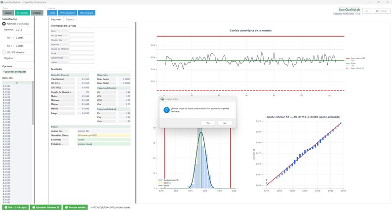 Pode incluir: Uma interface de software para LeanQualityLab exibindo dados de controle estat&iacute;stico de processo. A tela apresenta um gr&aacute;fico de linhas de s&eacute;ries temporais, um histograma com uma curva de distribui&ccedil;&atilde;o normal e um gr&aacute;fico de probabilidade.