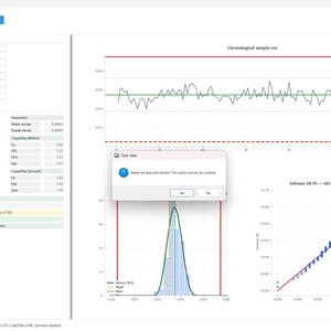 Pode incluir: Uma interface de software chamada LeanQualityLab exibindo gr&aacute;ficos de controle estat&iacute;stico de processo, incluindo um gr&aacute;fico de execu&ccedil;&atilde;o de amostra cronol&oacute;gica, um histograma de distribui&ccedil;&atilde;o normal e um gr&aacute;fico de ajuste Johnson SE.