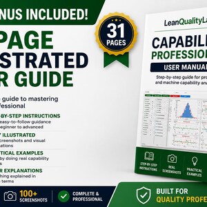 Pode incluir: Um manual do utilizador ilustrado de 31 p&aacute;ginas para o software LeanQualityLab Capability Professional v4.0. A capa apresenta texto verde e preto, uma captura de ecr&atilde; da interface do software e destaca instru&ccedil;&otilde;es passo a passo, capturas de ecr&atilde; reais e exemplos pr&aacute;ticos.