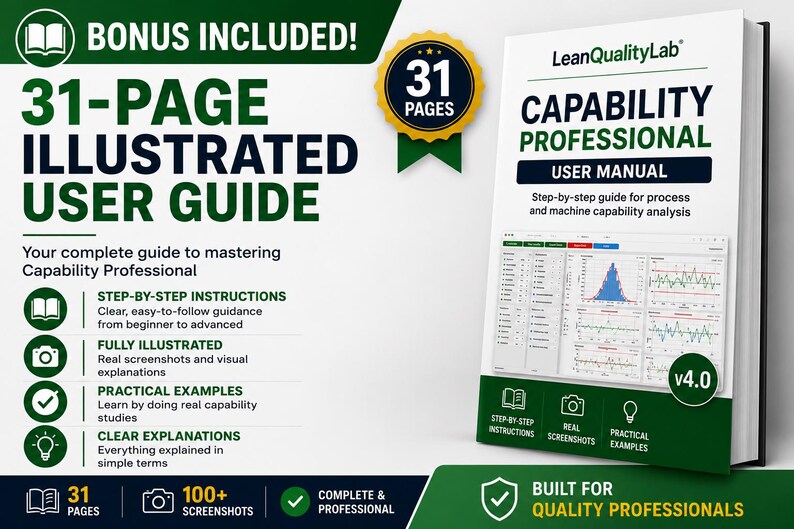 Pode incluir: Um manual do utilizador ilustrado de 31 p&aacute;ginas para o software LeanQualityLab Capability Professional v4.0. A capa apresenta texto verde e preto, uma captura de ecr&atilde; da interface do software e destaca instru&ccedil;&otilde;es passo a passo, capturas de ecr&atilde; reais e exemplos pr&aacute;ticos.