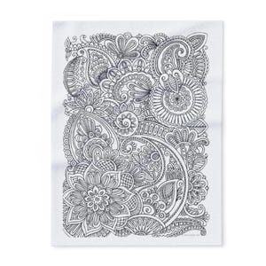May include: Black and white floral paisley design on a white background. The intricate pattern features various floral and paisley elements, creating a detailed and artistic composition. The design is suitable for coloring or decorative purposes.