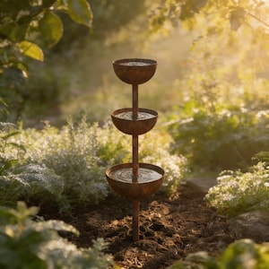 Può includere: Una fontana d'acqua in metallo arrugginito a tre livelli. Ogni ciotola contiene acqua, creando un effetto a cascata. La fontana è ambientata in un giardino con una vegetazione lussureggiante ed è illuminata dalla luce del sole.