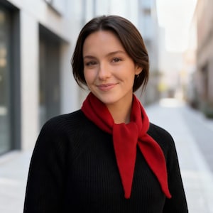 Könnte beinhalten: Eine Person trägt einen schwarzen Pullover und einen roten Schal. Der Schal ist am Hals geknotet. Der Hintergrund ist eine verschwommene Außenszene mit Gebäuden.