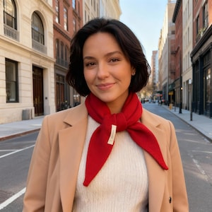 May include: A vibrant red scarf tied in a knot. The scarf features a small rectangular label with text. The person is wearing a beige blazer and a cream-coloured sweater. The background is a city street with buildings.