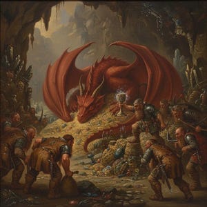 May include: A fantasy painting depicts a red dragon guarding a treasure hoard in a cave. Dwarves are shown gathering gold and holding a glowing chalice. The scene is filled with gold coins, jewels, and various treasures.