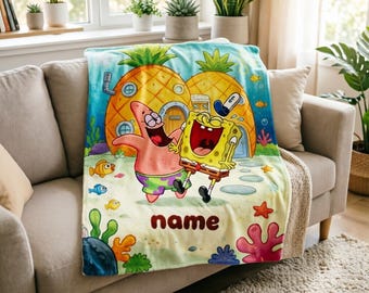 Personalized Spongebob Blanket, Soft Plush Fleece Throw, Kids Cozy Bedding