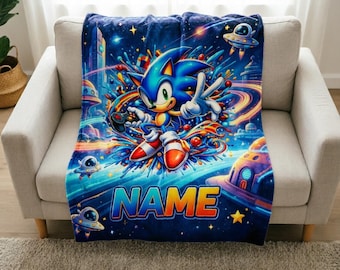 Manta personalizada de Sonic the Hedgehog, suave y con nombre personalizado, ideal como regalo para niños gamers.