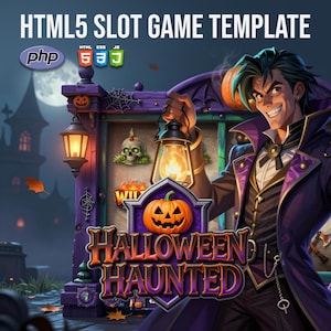Può includere: Illustrazione digitale per un modello di gioco di slot a tema Halloween. Il design presenta un vampiro sorridente che tiene in mano una lanterna, una zucca e le parole "Halloween Haunted". Lo sfondo include un castello spettrale e il testo "HTML5 Slot Game Template".