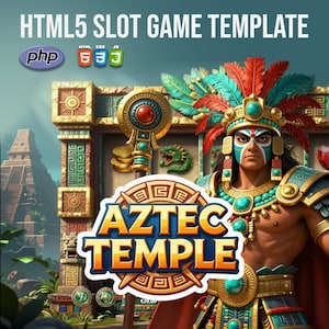 Può includere: Illustrazione per un modello di gioco di slot HTML5. L'immagine presenta il testo "HTML5 SLOT GAME TEMPLATE" e "Aztec Temple". Il tema azteco include un guerriero con un copricapo di piume e una slot machine con simboli aztechi.