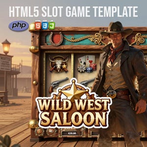Può includere: Illustrazione digitale di un modello di gioco di slot a tema Wild West. Il gioco presenta un cowboy, un'insegna del saloon e vari simboli come carte da gioco, pistole e un teschio di toro. Il testo "HTML5 SLOT GAME TEMPLATE" è in alto.