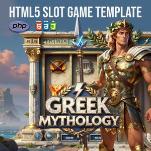 Può includere: Illustrazione digitale per un modello di gioco di slot HTML5 a tema mitologia greca. L'immagine presenta un guerriero muscoloso, un tempio e il testo "HTML5 SLOT GAME TEMPLATE" e "GREEK MYTHOLOGY". L'interfaccia di gioco mostra icone e valori di valuta.