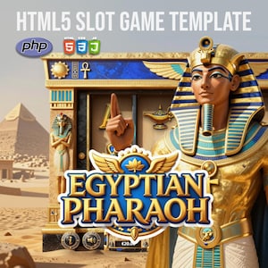 Può includere: Immagine che promuove un modello di gioco di slot HTML5, con un tema Faraone egiziano. Il design include una figura di faraone, geroglifici e il testo "EGYPTIAN PHARAOH". Lo sfondo mostra piramidi e un paesaggio desertico.