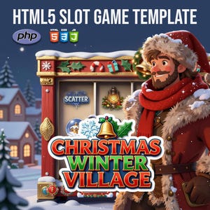 Può includere: Illustrazione di un modello di gioco di slot a tema natalizio. Il gioco presenta una cornice rossa e dorata con simboli festivi e la scritta "Christmas Winter Village". Un personaggio dei cartoni animati in abito simile a Babbo Natale è sulla destra. Il testo in alto recita "HTML5 Slot Game Template".