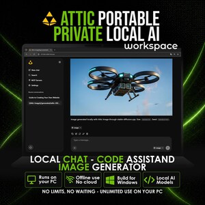 Op de afbeelding: Een digitale interface voor Attic Portable Private Local AI Workspace met een zwarte drone met vier propellers in de lucht. Het scherm toont chat-, zoek- en instellingenmenu's, met labels voor lokale chat, code-assistent en afbeeldingsgenerator.