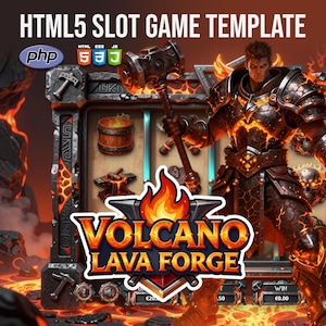 Può includere: Grafica digitale per un modello di gioco di slot, con un tema vulcanico infuocato. Il titolo "VOLCANO LAVA FORGE" è ben visibile. L'immagine include un personaggio guerriero, elementi di slot machine e loghi HTML5, CSS e JS.
