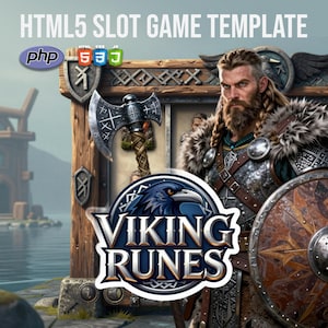Può includere: Illustrazione per un modello di gioco di slot a tema vichingo. L'immagine presenta un guerriero vichingo, un'ascia e uno scudo. Il logo del gioco, "Viking Runes", è ben visibile. Lo sfondo include il testo "HTML5 SLOT GAME TEMPLATE."