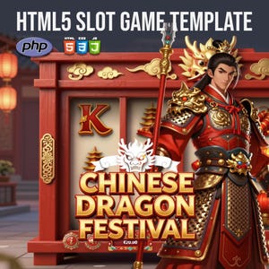 Può includere: Illustrazione digitale per un modello di gioco di slot machine. L'immagine presenta un guerriero cinese con un'armatura rossa e oro, che tiene una lancia. Il testo "HTML5 SLOT GAME TEMPLATE" e "CHINESE DRAGON FESTIVAL" sono visualizzati.