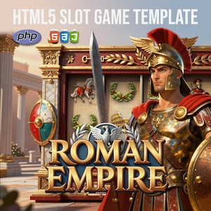 Può includere: Grafica digitale per un modello di gioco di slot machine, con il tema dell'Impero Romano. Il design include un soldato romano, una spada e le parole "Roman Empire". Lo sfondo mostra una slot machine con vari simboli romani.