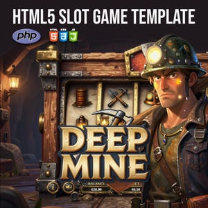 Può includere: Illustrazione digitale di un modello di gioco di slot intitolato "Deep Mine". Il gioco presenta un personaggio di minatore e simboli a tema minerario. La parte superiore dell'immagine mostra il testo "HTML5 SLOT GAME TEMPLATE" e i loghi di PHP, HTML, CSS e JS.