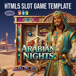 Può includere: Illustrazione per un modello di gioco di slot HTML5, con il testo "HTML5 SLOT GAME TEMPLATE" e "Arabian Nights". L'immagine mostra un uomo sorridente in abiti arabi, una slot machine e uno scenario desertico. Il gioco include bonus.
