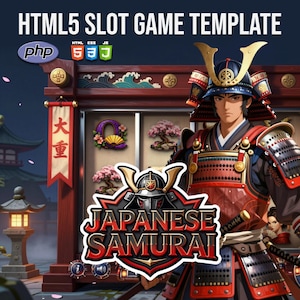 Può includere: Illustrazione digitale di un gioco di slot a tema samurai giapponese. L'immagine presenta un guerriero samurai, una slot machine con simboli giapponesi e il testo "HTML5 SLOT GAME TEMPLATE" e "JAPANESE SAMURAI". La tavolozza dei colori include rosso, oro e nero.