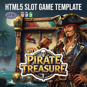 Può includere: Illustrazione di un modello di gioco di slot a tema pirata. Il gioco presenta un personaggio pirata, un forziere e un pappagallo. Il testo "HTML5 SLOT GAME TEMPLATE" è in alto, con "PIRATE TREASURE" al centro. Lo sfondo mostra una nave pirata e il mare.
