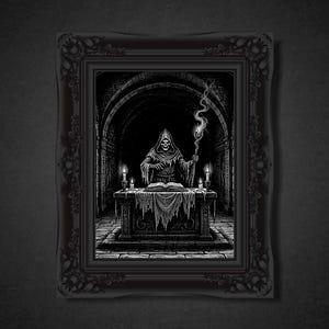May include: Black and white framed artwork depicting a robed skeleton figure in a dark, arched chamber. The figure holds a staff emitting smoke, with candles and an open book on a table. The frame has ornate detailing.