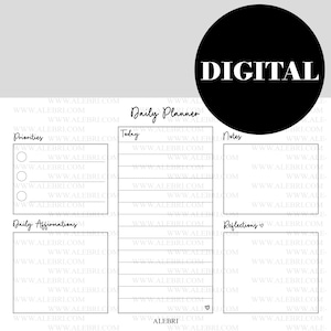 Puede incluir: Un planificador diario digital con secciones para prioridades, hoy, notas, afirmaciones diarias y reflexiones. El planificador tiene un diseño minimalista en blanco y negro con la palabra "DIGITAL" en un círculo negro.
