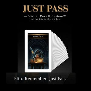 Peut inclure: Un jeu de cartes blanches avec une illustration médiévale sur l'une d'elles et le texte « Magna Carta ». Le texte « JUST PASS » et « Visual Recall System » sont en haut. Le bas indique « Flip. Remember. Just Pass. »