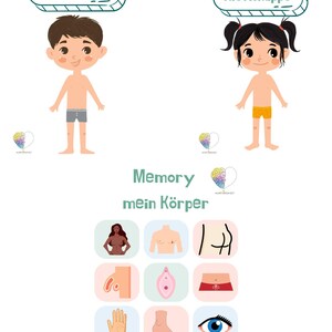 Może przedstawiać: Gra edukacyjna z kreskówkowymi ilustracjami chłopca i dziewczynki, z tekstem "Mein Körper Klettmappe" nad nimi. Poniżej wyświetlane są ikony części ciała, w tym dłoń, oko i usta. Obecny jest również tekst "Memory mein Körper".
