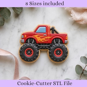 Puede incluir: Una galleta de camión monstruo roja con neumáticos negros grandes, una ventana azul y calcomanías de llamas amarillas en el lateral. El texto 8 Sizes included y Cookie-Cutter STL File es visible arriba y abajo de la imagen.