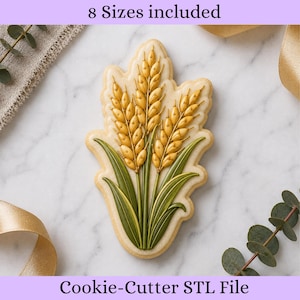 Könnte beinhalten: Ein Weizenähren-Ausstechform-Design mit drei goldgelben Weizenähren und grünen Stängeln mit Blättern. Das Bild enthält den Text 8 Sizes included und Cookie-Cutter STL File. Das Design ist wie ein Bündel von Weizenähren geformt.