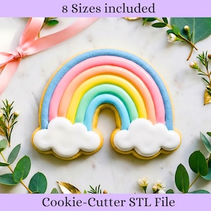 File STL per taglia biscotti a forma di arcobaleno con nuvole, disponibile in 8 dimensioni (download digitale)