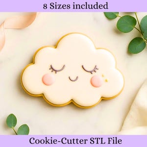 May include: A cloud-shaped cookie cutter with a smiling face, closed eyes, and pink cheeks. The cookie cutter is white with a yellow outline. The text "8 Sizes included" and "Cookie-Cutter STL File" are visible.