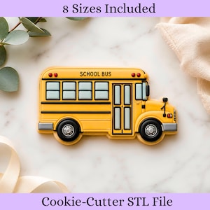 May include: A yellow school bus cookie cutter with black outlines, light blue windows, and silver wheels. The text 8 Sizes Included and Cookie-Cutter STL File is displayed. The bus features a rectangular body, a front door, and a hood.