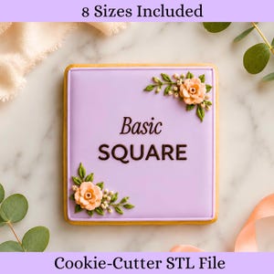 May include: A square cookie with smooth light purple icing featuring the text Basic SQUARE in dark brown. The cookie is decorated with two clusters of peach-colored flowers and green leaves in opposite corners. The text 8 Sizes Included is above.