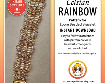 Mixed Bead Loom Armband Muster, Regenbogen Gold (Digital PDF Muster)