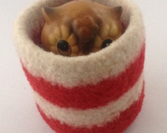 felted wool container, felted wool bowl, desktop storage, office decor, red and cream striped