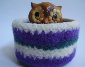 felted wool bowl, container, desktop organizer,  jewelry holder, striped plum teal cream colored wool