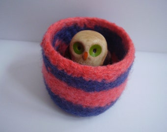 wee felted wool bowl, ring holder, navy and punch striped container, desktop storage, office decor